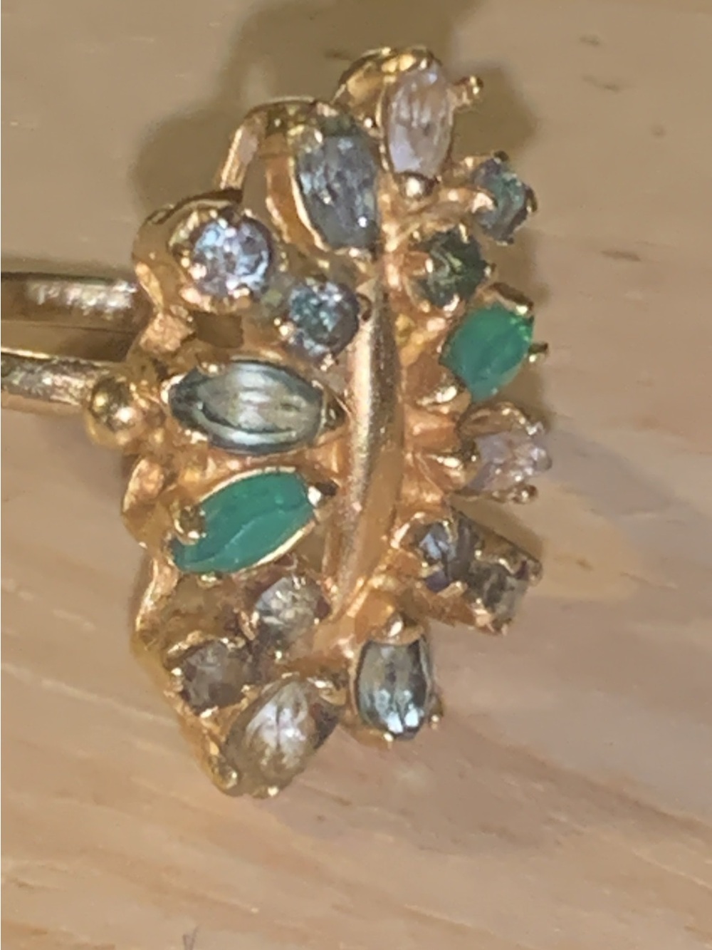 18k antique Gold Ring with Green and Blue Gem Accents - Picture 2 of 15